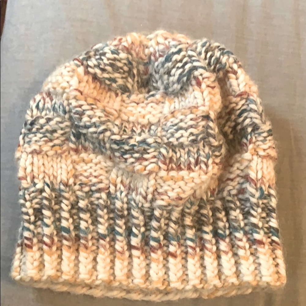 Handmade knitted marled beanie warm tones